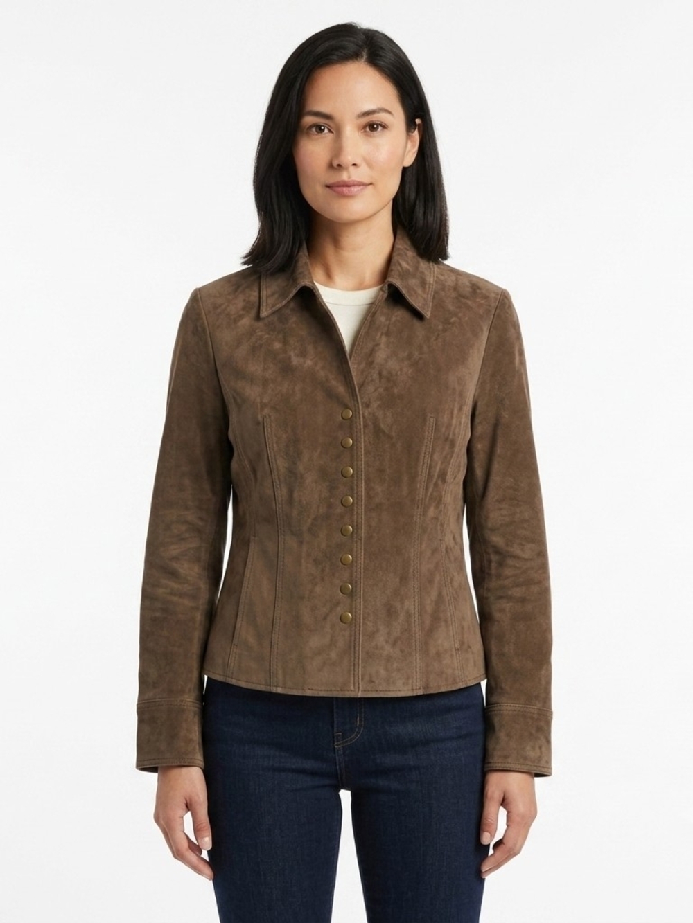 Coldwater Creek Brown Suede Leather Fitted Jacket Snap Front Sz M